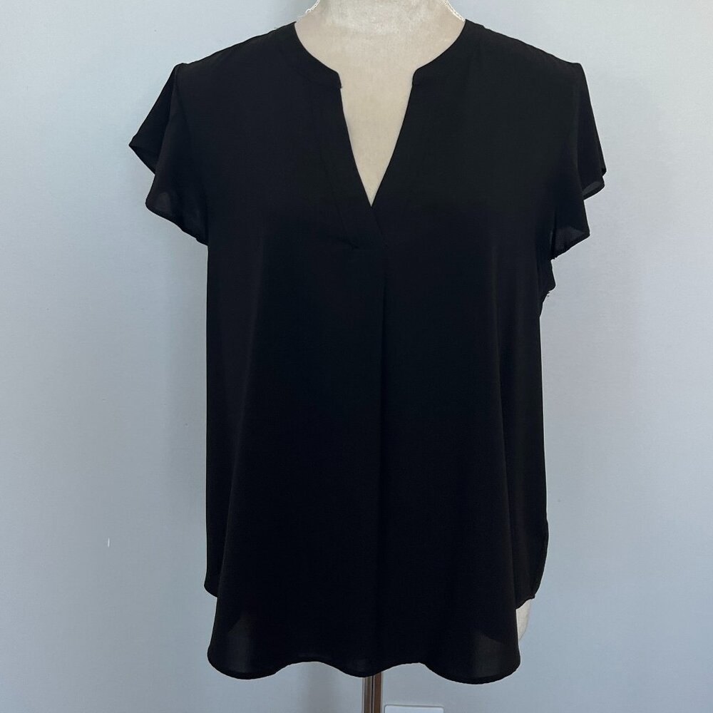 Calvin Klein Black Split Neck Flutter Sleeve Top L